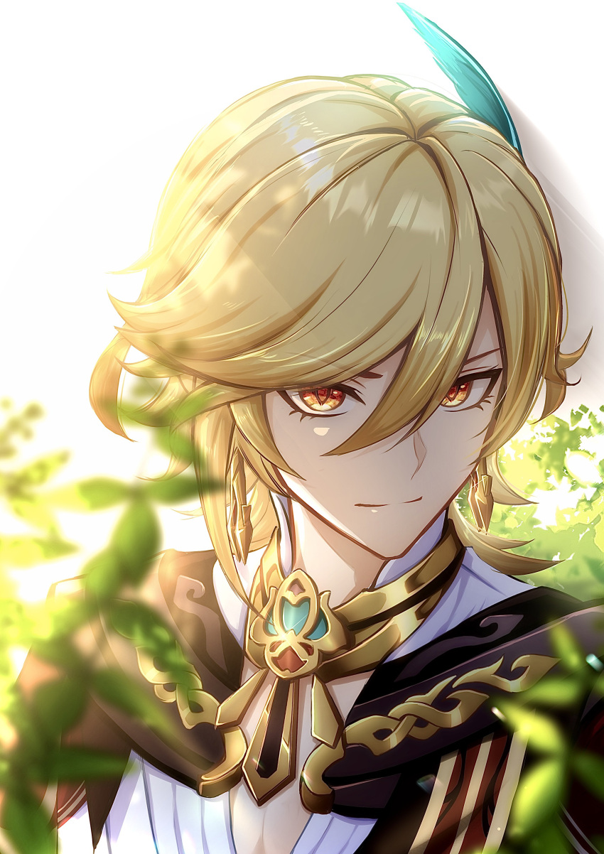 1boy absurdres animal_ears black_cape blonde_hair blurry cape commentary_request depth_of_field eyes_visible_through_hair feather_hair_ornament feathers genshin_impact hair_ornament highres kaveh_(genshin_impact) leaf male_focus orange_eyes portrait sirius_0905hz smile solo sunlight