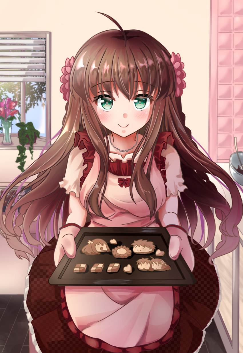 ahoge apron blush braid breasts brown_hair brown_skirt chibi chibi_inset closed_mouth commentary_request cookie eyelashes eyes_visible_through_hair flower food frilled_apron frilled_skirt frills gloves green_eyes hair_between_eyes hair_flower hair_ornament highres holding holding_tray indoors kanbe_kotori kurage_(kurage19) large_breasts long_hair looking_at_viewer mittens pink_apron pink_gloves rewrite short_sleeves sidelocks skirt smile standing straight-on sunflower_hair_ornament tennouji_kotarou tray twin_braids very_long_hair wavy_hair window