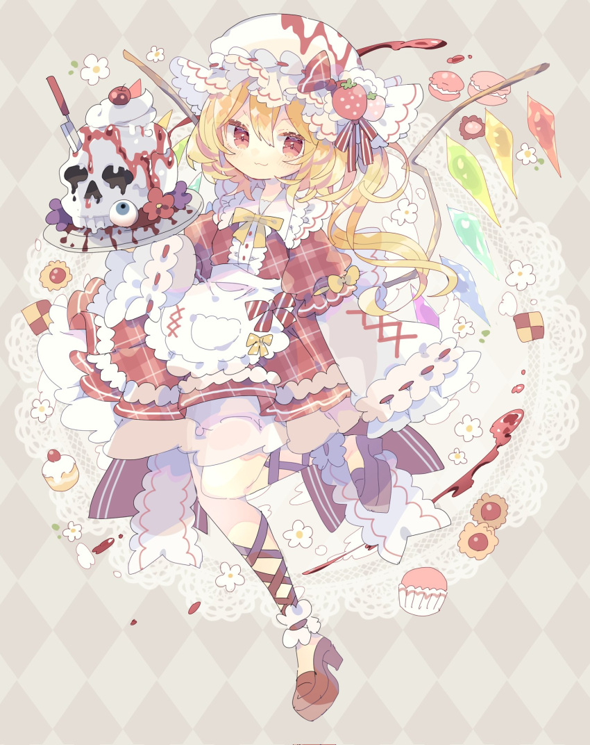 1girl apron argyle argyle_background blonde_hair blush buttons center_frills closed_mouth crystal doily dress eyeball flandre_scarlet food frilled_apron frilled_sleeves frills full_body hair_between_eyes hat highres knife long_hair macaron mob_cap nikorashi-ka one_side_up red_dress red_eyes red_footwear shoes skull sleeves_past_fingers sleeves_past_wrists smile solo touhou waist_apron white_apron white_headwear wide_sleeves wings