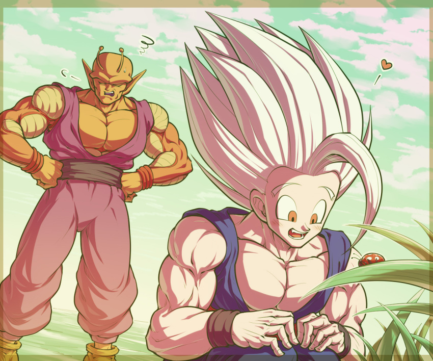 2boys :d =3 antennae bare_shoulders biceps black_sash black_wristband blue_sky blush border bug closed_eyes clouds cloudy_sky collarbone colored_skin commentary_request day dougi dragon_ball dragon_ball_super dragon_ball_super_super_hero fang gohan_beast hands_on_own_hips hands_up heart koukyouji ladybug large_pectorals male_focus multiple_boys muscular muscular_male namekian open_mouth orange_piccolo orange_skin outdoors pectorals piccolo plant pointy_ears red_eyes red_sash round_teeth sash sky smile son_gohan spiky_hair squatting squiggle standing sweatdrop teeth tongue transparent_border upper_teeth_only white_hair wristband