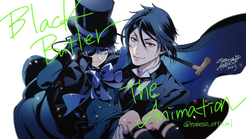 2boys black_hair blue_eyes butler cane carrying carrying_person ciel_phantomhive eyepatch feet_out_of_frame hair_between_eyes hat highres holding holding_cane kuroshitsuji looking_at_viewer male_focus multiple_boys necktie official_art princess_carry promotional_art red_eyes sebastian_michaelis sidelocks smile toboso_yana top_hat upper_body white_background wind