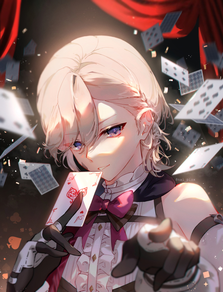1boy ace_of_hearts androgynous black_gloves blonde_hair bow braid card detached_sleeves genshin_impact gloves hair_over_one_eye heart highres lyney_(genshin_impact) male_focus medium_hair nai_pizx playing_card red_bow red_curtains shirt smile solo teeth twitter_username violet_eyes white_shirt