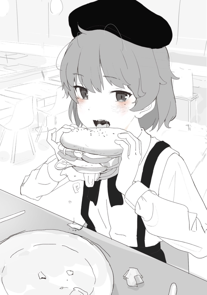 1girl beret blush burger commentary_request dripping fangs food greyscale hands_up hat hatoba_tsugu highres holding holding_food imminent_bite indoors long_sleeves looking_at_viewer mole mole_under_eye monochrome neck_ribbon on_chair open_mouth plate radio1985head restaurant ribbon saliva shirt_tucked_in short_hair sitting solo spot_color suspenders table tsugu_(vtuber) two-handed upper_body virtual_youtuber