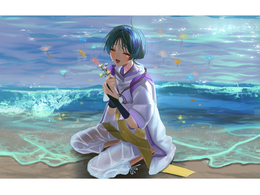 1boy 4the2ofus absurdres armor beach black_hair blue_flower blush closed_eyes day facing_viewer flower genshin_impact highres holding holding_flower japanese_armor japanese_clothes jewelry kote kurokote letterboxed male_focus necklace open_mouth orange_flower outdoors pink_flower sand scaramouche_(genshin_impact) scaramouche_(kabukimono)_(genshin_impact) signature sitting solo water wet wet_clothes yellow_flower