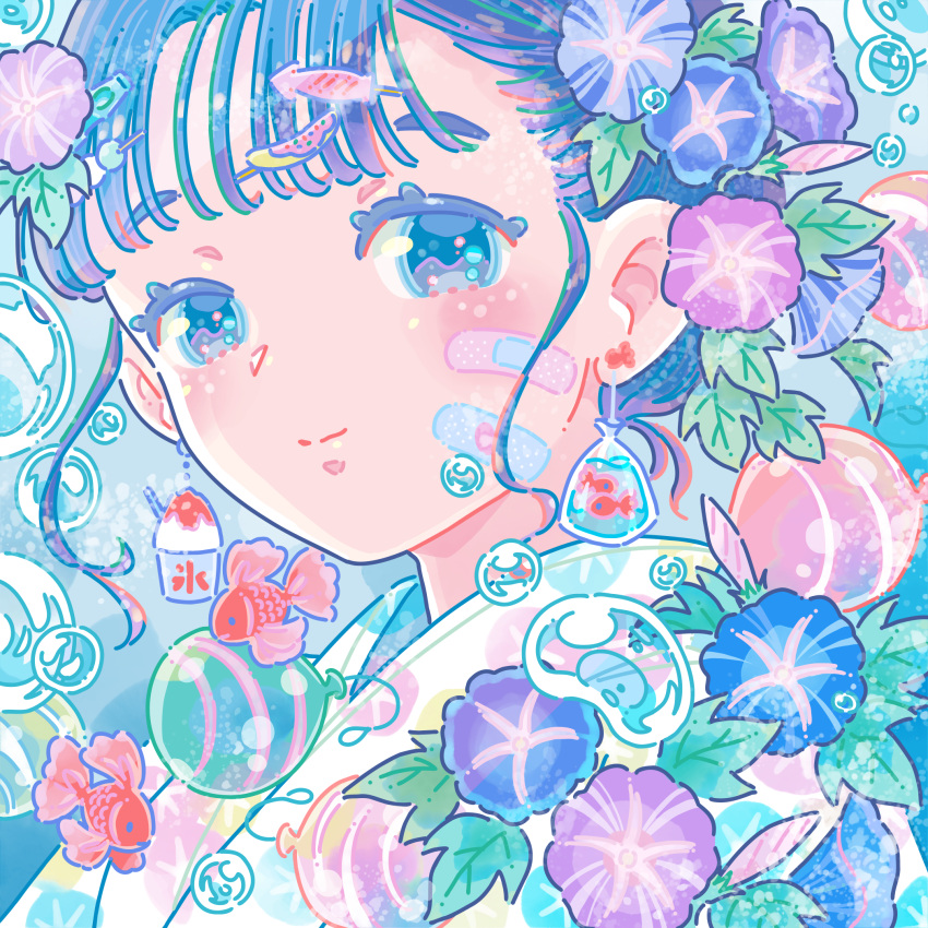 1girl air_bubble bag bagged_fish bagged_fish_earrings bandaid bandaid_on_cheek bandaid_on_face blue_eyes blue_flower blue_hair blush bubble closed_mouth colored_eyelashes commentary_request earrings fish floral_print flower food-themed_earrings goldfish highres hiro046k japanese_clothes jewelry kimono looking_at_viewer morning_glory original portrait purple_flower shaved_ice_earrings smile solo split_mouth water_yoyo white_kimono yukata