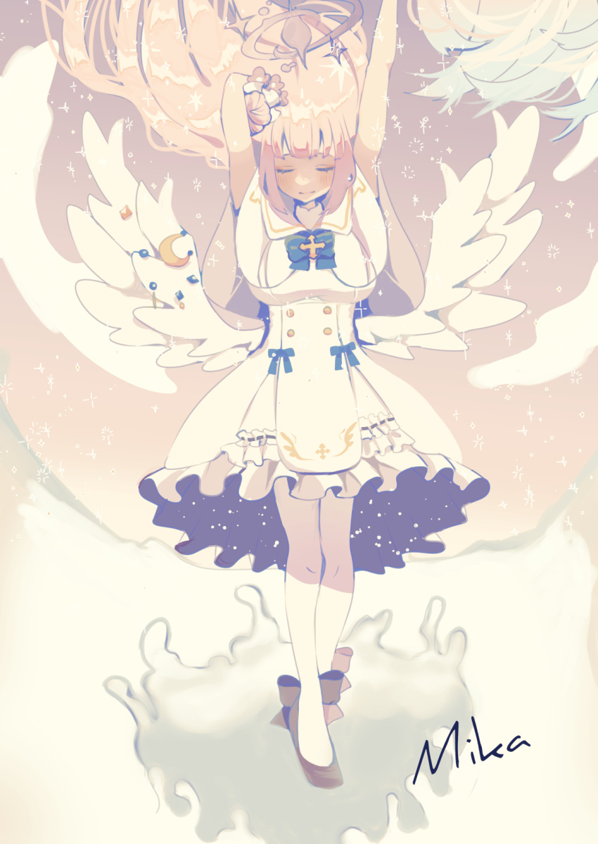 1girl arms_up black_bow blue_archive blue_bow blue_bowtie blush bow bowtie buttons capelet character_name closed_eyes closed_mouth clouds commentary_request culotte_(hosenrock) dress facing_viewer feathered_wings floating_hair flower footwear_bow frilled_dress frills full_body gradient_sky hair_bun hair_flower hair_ornament hair_ribbon halo highres long_hair low_wings mika_(blue_archive) pink_hair pink_sky print_dress ribbon single_side_bun sky sleeveless sleeveless_dress smile solo sparkle starry_sky_print straight-on underbust very_long_hair white_capelet white_dress white_ribbon white_wings wing_ornament wings