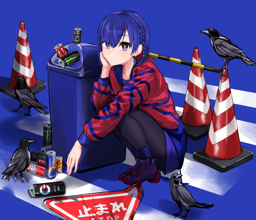 1girl arm_on_knee bird black_pantyhose blue_background blue_eyes blue_hair blue_jacket blue_shirt blue_skirt boots boss_coffee braid can canned_coffee coca-cola colored_inner_hair commentary_request crosswalk crow diamond_earrings earrings energy_drink english_text expressionless full_body hand_on_own_chin hand_up head_rest hood hood_down hooded_jacket jacket jewelry kuronosu_(yamada1230) looking_at_viewer monster_energy multicolored_clothes multicolored_eyes multicolored_hair multicolored_jacket pantyhose red_bull red_eyes red_jacket redhead rim_(kamitsubaki_studio) road_sign shirt short_hair side_braid sign single_earring skirt soda_can solo squatting stop_sign traffic_barrier traffic_cone trash_can virtual_youtuber yellow_pupils zone_(energy_drink)