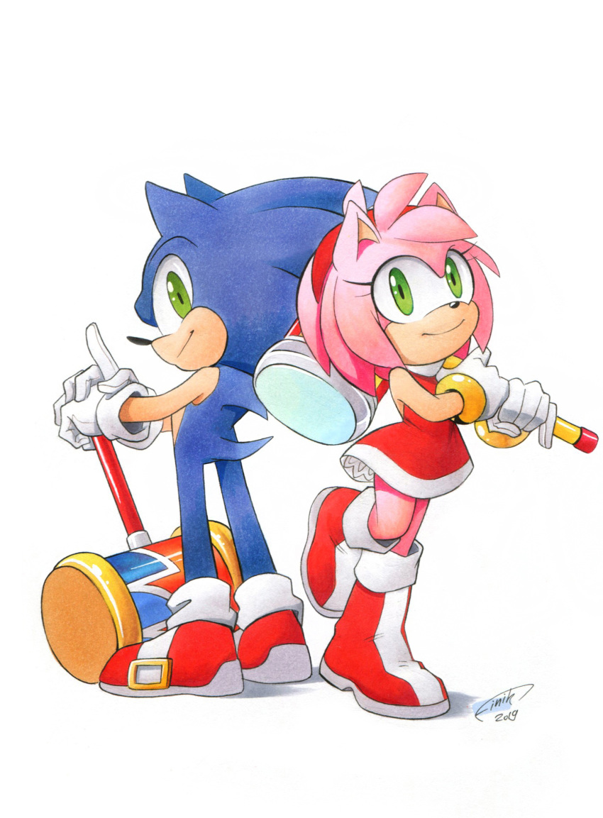 1boy 1girl amy_rose boots dated dress finik gloves hammer highres holding holding_hammer holding_weapon red_dress shoes signature simple_background sonic_(series) sonic_the_hedgehog weapon white_background white_gloves