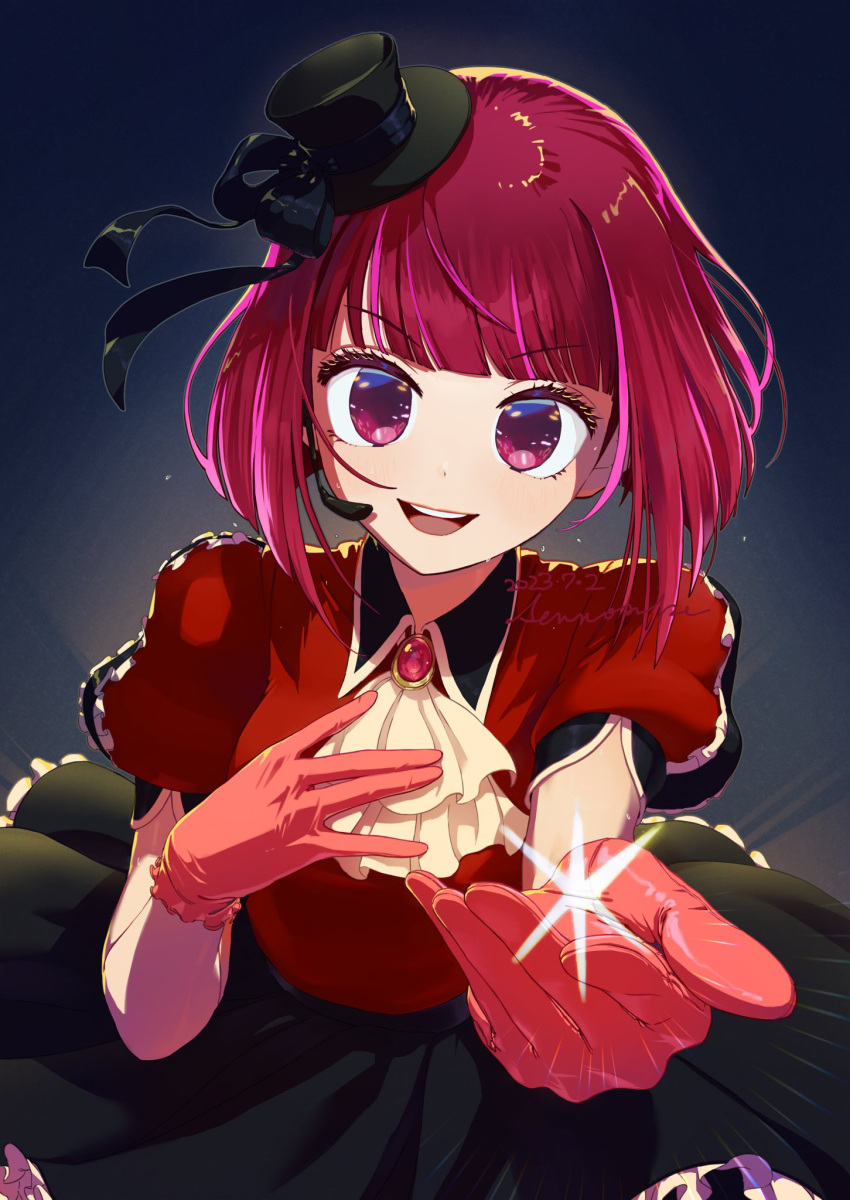 1girl \||/ arima_kana ascot black_bow black_skirt blue_background blunt_bangs bob_cut bow collared_shirt commentary_request cowboy_shot dated earpiece floating_hair frilled_gloves frilled_sleeves frills gloves hand_on_own_chest hat hat_bow highres idol idol_clothes inverted_bob lens_flare looking_at_viewer medium_hair mini_hat mini_top_hat no_pupils oshi_no_ko partial_commentary pink_gloves puffy_short_sleeves puffy_sleeves reaching reaching_towards_viewer red_brooch red_eyes red_shirt redhead shadow shirt short_sleeves signature skirt smile solo sparkle teeth top_hat ueda_(uedasen_pr) upper_teeth_only white_ascot