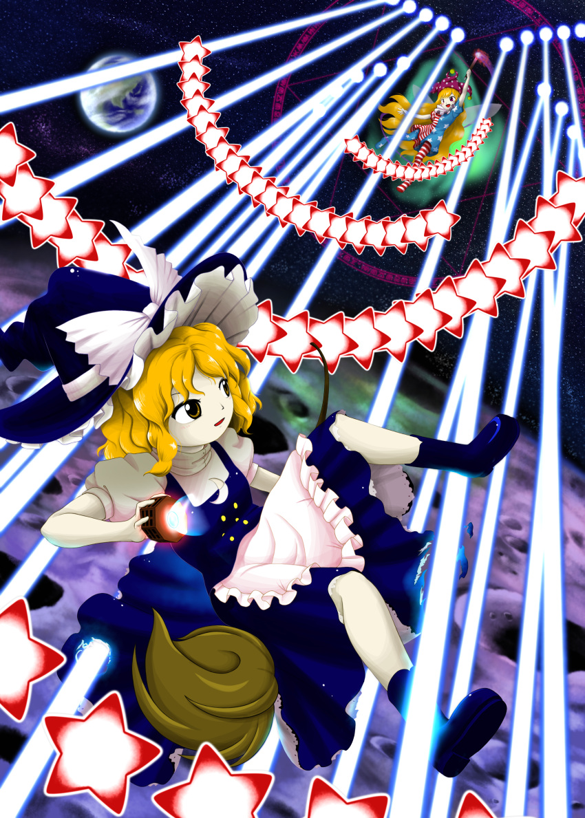 2girls absurdres american_flag_dress american_flag_legwear apron arm_up battle blonde_hair blue_dress blue_footwear blue_headwear boots bow broom broom_riding clownpiece commentary_request crescent_print danmaku dress earth_(planet) fairy_wings frilled_apron frills hat hat_bow highres holding holding_torch jester_cap kirisame_marisa laser legacy_of_lunatic_kingdom long_hair magic_circle mini-hakkero moon multiple_girls neck_ruff official_style open_mouth pantyhose parasite_oyatsu parted_lips pink_eyes planet polka_dot_headwear print_pantyhose puffy_short_sleeves puffy_sleeves purple_headwear short_sleeves space star_(symbol) star_print torch touhou turtleneck very_long_hair waist_apron white_apron white_bow wings witch witch_hat yellow_eyes zun_(style)