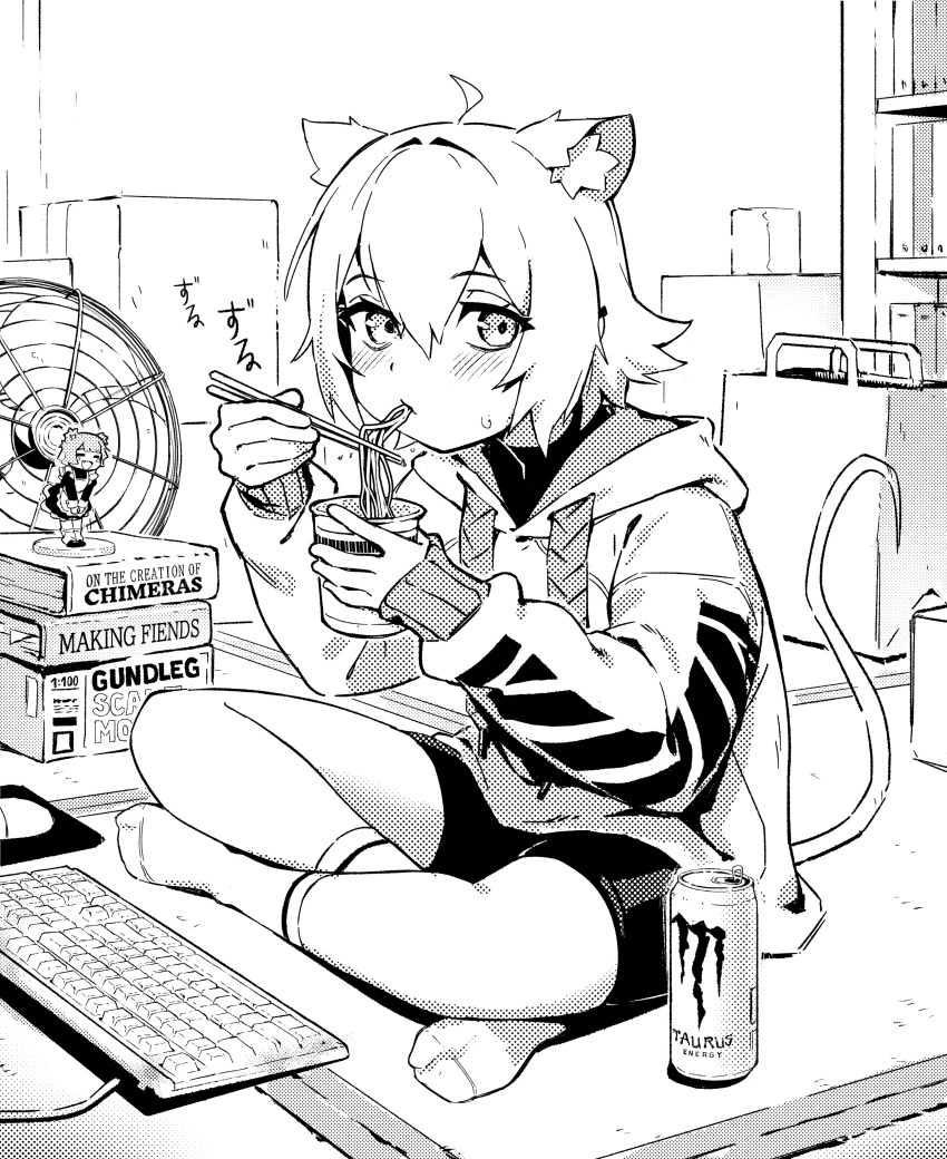 1girl absurdres ahoge animal_ear_fluff animal_ears bag blush book bookshelf bowl box brand_name_imitation can chopsticks eating electric_fan english_commentary figure food greyscale highres holding holding_bowl holding_chopsticks hood hood_down hoodie indian_style indoors keyboard_(computer) long_sleeves monochrome monster_energy mouse_ears mouse_girl mouse_tail noodles original perl_(vertigris) ramen shirt shopping_bag short_hair shorts sitting socks solo sweatdrop tail vertigris