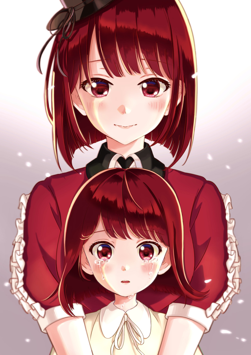 2girls absurdres age_progression arima_kana black_headwear black_ribbon blush bob_cut closed_mouth collared_shirt crying crying_with_eyes_open floating_hair frilled_sleeves frills gradient_background grey_background hat hat_ribbon highres idol idol_clothes inverted_bob light_particles looking_at_viewer medium_hair mini_hat mini_top_hat multiple_girls neck_ribbon open_mouth oshi_no_ko parted_bangs red_shirt redhead ribbon shadow shirt short_sleeves swept_bangs tears time_paradox top_hat upper_body xiwei7342327396 yellow_ribbon yellow_shirt