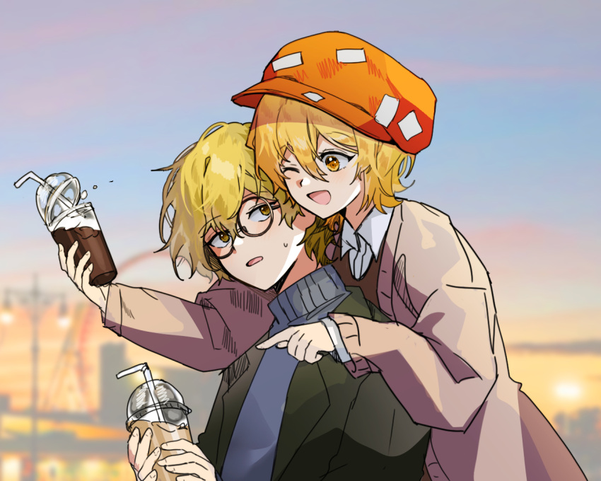 1boy 1girl blonde_hair brown_sweater_vest cabbie_hat coat collared_shirt cup disposable_cup dokgo_die_docta_(d_o_t) don_quixote_(limbus_company) glasses green_coat grey_coat grey_sweater hat limbus_company long_sleeves open_mouth orange_headwear pointing project_moon round_eyewear shirt sinclair_(limbus_company) sticker sweat sweater sweater_vest turtleneck turtleneck_sweater upper_body white_shirt yellow_eyes