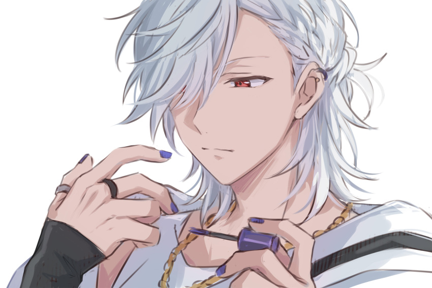 1boy closed_mouth commentary_request fingernails hair_over_one_eye hands_up helios_rising_heroes highres jewelry long_sleeves male_focus medium_hair necklace one_eye_covered partial_commentary purple_nails red_eyes ring sekina shin_(helios_rising_heroes) simple_background solo white_background white_hair