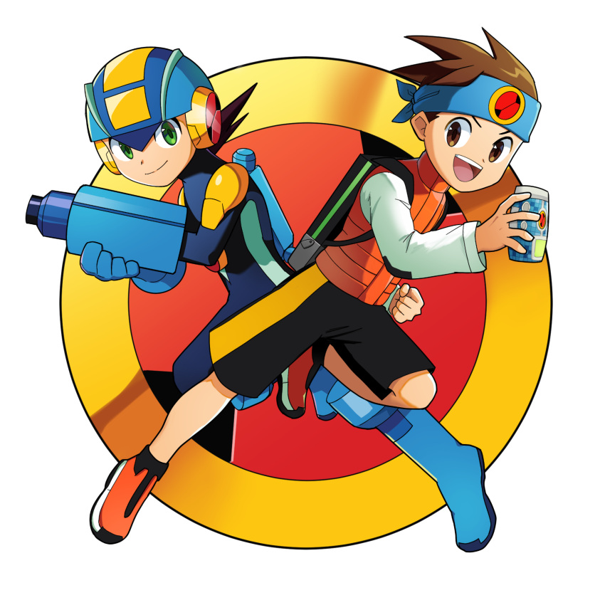 2boys :d android arm_cannon backpack bag blue_bodysuit blue_footwear blue_gloves blue_headband blue_headwear bodysuit boots brown_eyes brown_hair can clenched_hand closed_mouth commentary_request full_body gloves green_eyes happy headband helmet highres holding holding_can lan_hikari_(mega_man) long_sleeves looking_at_viewer male_focus mega_buster mega_man_(series) mega_man_battle_network_(series) megaman.exe multiple_boys open_mouth orange_footwear orange_vest poshino_pikari shirt shoes short_hair shorts smile spiked_hair teeth transparent_background upper_teeth_only vest weapon white_shirt