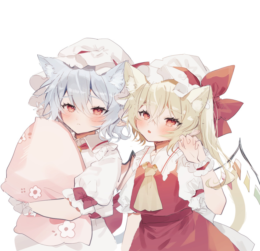 2girls animal_ear_fluff animal_ears bat_wings blonde_hair blush bow cat_ears claw_pose flandre_scarlet floral_print hair_between_eyes hat hat_bow highres kemonomimi_mode mob_cap multiple_girls puffy_short_sleeves puffy_sleeves red_bow red_eyes red_skirt red_vest remilia_scarlet short_sleeves siblings simple_background sisters skirt sorani_(kaeru0768) touhou vest white_background white_headwear wings wrist_cuffs