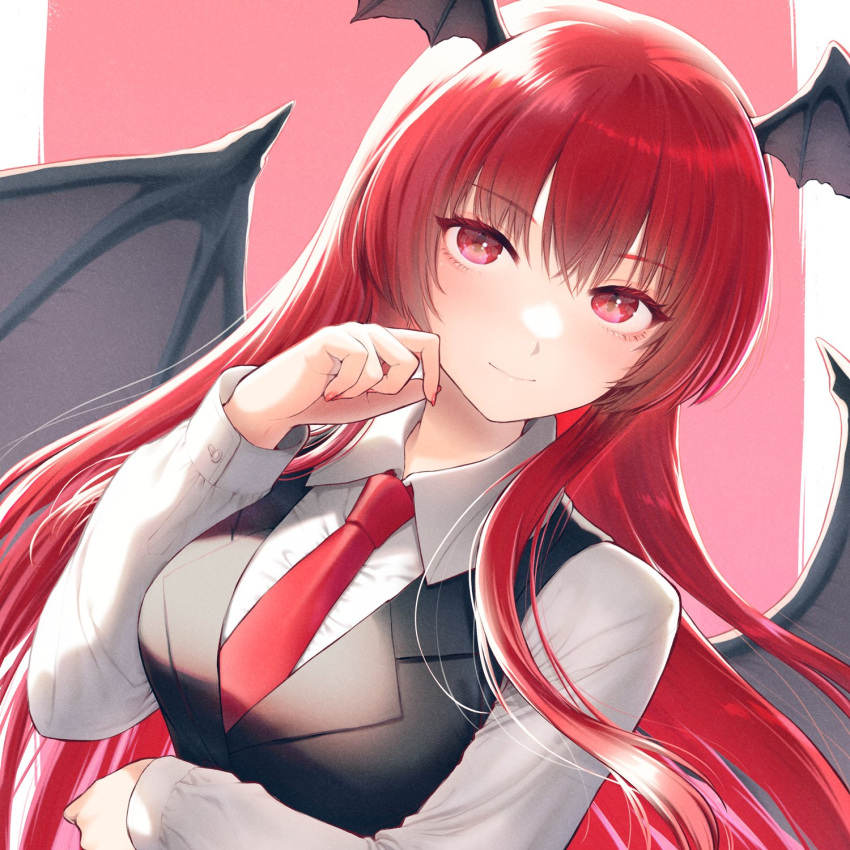1girl arm_under_breasts bat_wings black_vest blush breasts closed_mouth commentary_request commission cropped dutch_angle hand_up head_wings highres kageharu koakuma large_breasts light_smile long_hair long_sleeves looking_at_viewer nail_polish necktie pink_background red_eyes red_nails red_necktie redhead shirt sidelighting simple_background skeb_commission solo touhou upper_body very_long_hair vest white_shirt wing_collar wings