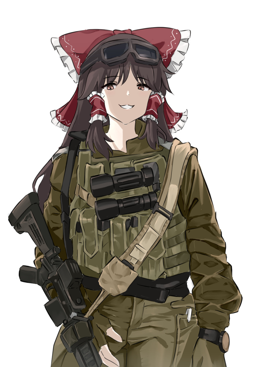 1girl :d alternate_costume ammunition_pouch ar-15 arm_at_side bad_gun_anatomy belt binoculars black_belt bow brown_eyes brown_hair bulletproof_vest cargo_pants collared_jacket commentary cowboy_shot eyewear_on_head fingerless_gloves frilled_bow frilled_hair_tubes frills gloves goggles goggles_on_head green_gloves green_jacket green_pants grin gun hair_bow hair_tubes hakurei_reimu highres jacket load_bearing_vest long_hair long_sleeves looking_at_viewer magazine_(weapon) military_jacket mutugorou_u open_mouth optical_sight pants pocket pouch red_bow rifle simple_background sling smile solo touhou very_long_hair watch watch weapon white_background wispy_bangs