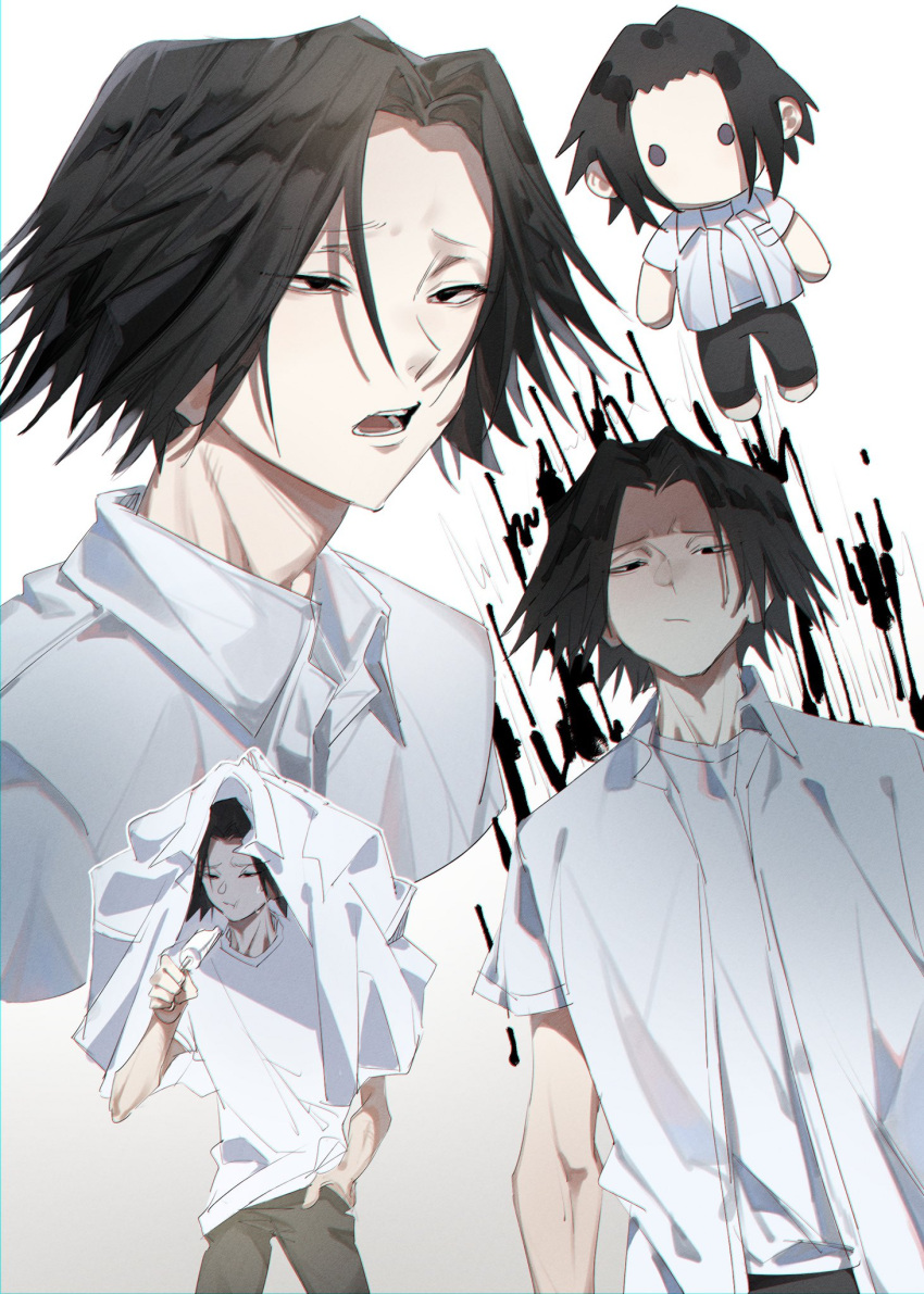 1boy black_eyes black_hair character_doll collage collarbone disdain feet_out_of_frame feitan_portor food_in_mouth highres hot hunter_x_hunter looking_at_viewer male_focus mii_chul official_alternate_costume parted_bangs popsicle_in_mouth short_hair summer sweat