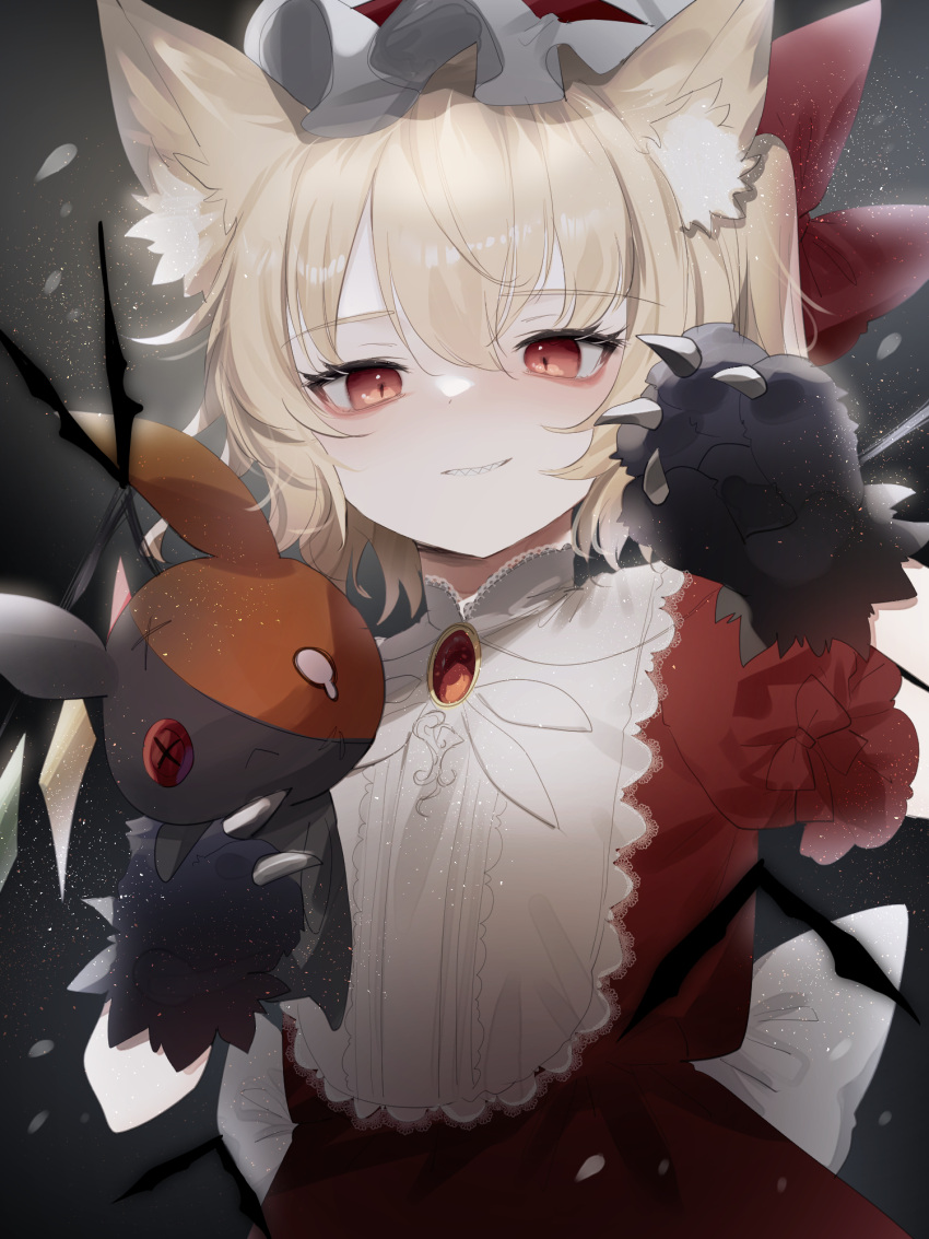 1girl alternate_costume animal_ears animal_hands blonde_hair bow cat_ears character_request claw_pose flandre_scarlet gloves grin hat highres kemonomimi_mode light_particles looking_at_viewer mob_cap paw_gloves puffy_short_sleeves puffy_sleeves red_eyes sharp_teeth short_sleeves smile sorani_(kaeru0768) teeth touhou wings