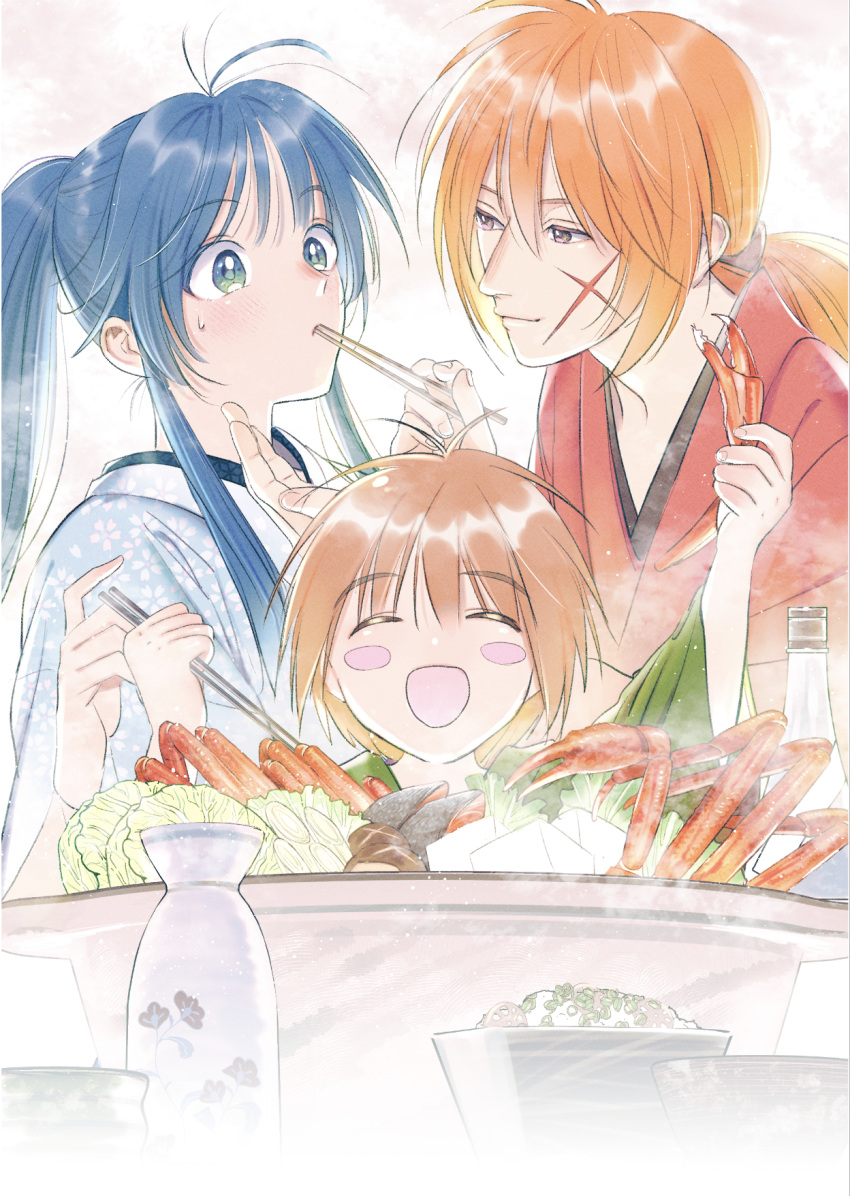 1girl 2boys arm_up blue_eyes blue_kimono blush_stickers chopsticks closed_mouth commentary_request couple crab cross_scar eating family father_and_son feeding floral_print food hair_between_eyes hand_up high_ponytail highres himura_kenji himura_kenshin holding holding_chopsticks holding_food husband_and_wife japanese_clothes kamiya_kaoru kimono light_blush long_hair looking_at_another low_ponytail male_child mother_and_son multiple_boys natsu_mikan_(level9) open_mouth orange_hair print_kimono red_kimono redhead rurouni_kenshin scar scar_on_cheek scar_on_face seafood sidelocks sweatdrop upper_body violet_eyes