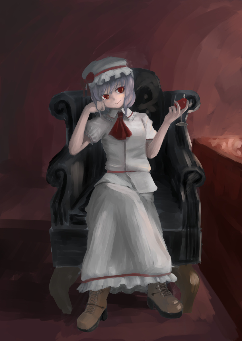 1girl absurdres armchair chair cup dark dark_room drinking_glass hand_on_own_face hat highres holding holding_cup looking_at_viewer mob_cap red_background remilia_scarlet shadow shinkopeishon solo touhou wall wine_glass