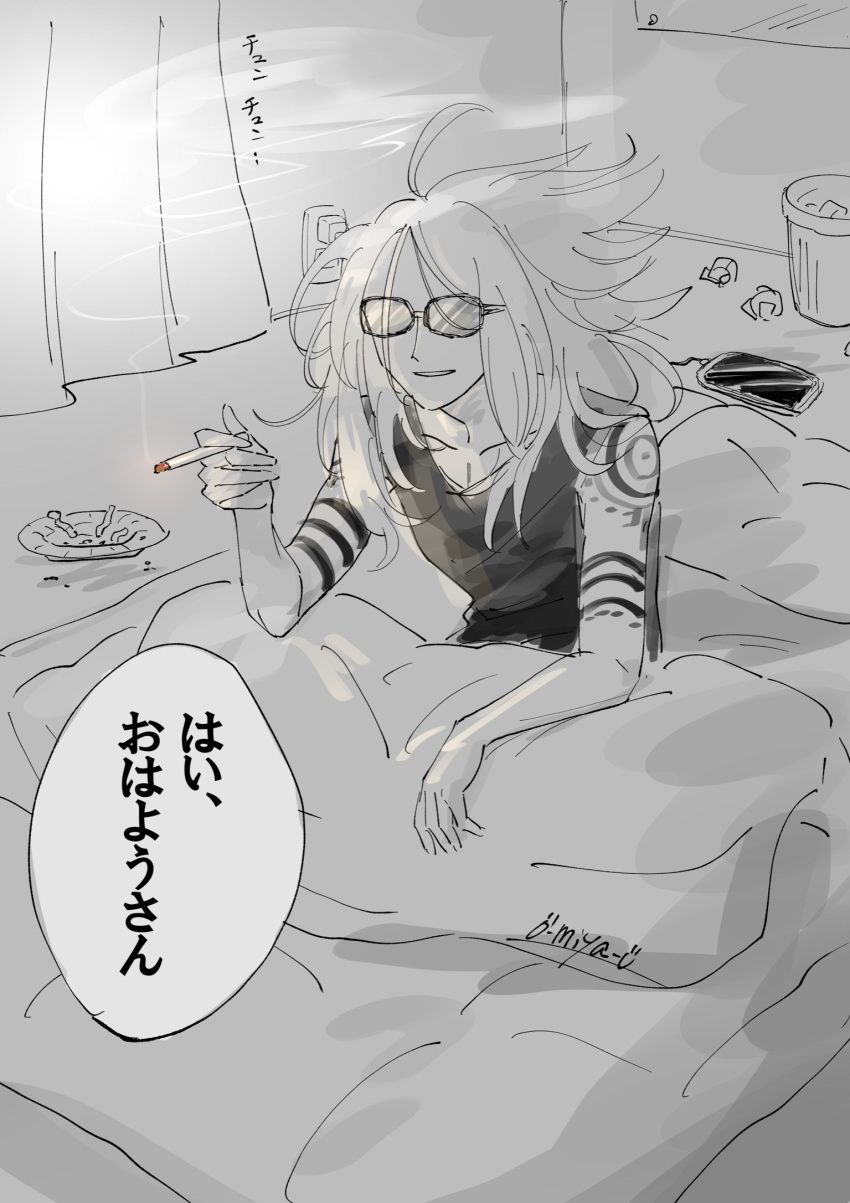 1boy arm_tattoo ashtray bare_shoulders bed black_shirt blonde_hair cigarette collarbone fate/grand_order fate_(series) highres holding holding_cigarette long_hair male_focus messy_hair monochrome o-miya_(ohmiya_you) on_bed pillow shirt shoulder_tattoo signature sitting sleeveless smoke solo speech_bubble sunglasses tattoo tezcatlipoca_(fate) translation_request trash_can