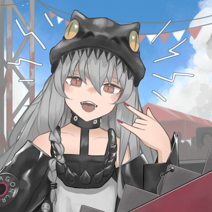 1girl \m/ black_collar blue_sky blush braid brown_eyes collar collarbone commentary day english_commentary fingernails g11_(dragon_jr.)_(girls'_frontline) g11_(girls'_frontline) girls_frontline grey_hair hair_between_eyes hat highres jacket long_hair looking_at_viewer nail_polish netqwrk off_shoulder official_alternate_costume open_mouth outdoors red_nails rocker-chic shirt single_braid sky sleeveless sleeveless_shirt slit_pupils solo_focus straight-on string_of_flags teeth upper_body very_long_hair