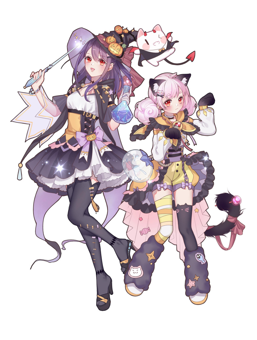2girls :3 :d absurdres alan._(bcy105339667574) animal_ear_legwear animal_ears asymmetrical_legwear bcy black_cloak black_footwear black_gloves black_headwear black_skirt black_thighhighs blush boots bottle bow bow_skirt bracelet cape cat_ear_legwear cat_ears cat_hair_ornament cat_tail claw_pose cloak corset demon_horns demon_tail frilled_cape fur_boots glass_bottle gloves hair_ornament halloween_costume hands_up hat high_heels highres holding holding_bottle holding_wand horns huhu jack-o'-lantern_ornament jewelry layered_skirt looking_at_viewer low_twintails medium_hair miao_jiujiu mismatched_legwear multiple_girls overskirt pink_hair puffy_shorts purple_bow purple_corset purple_hair red_bow red_eyes ruan_miemie shirt short_sleeves shorts skirt smile standing standing_on_one_leg tail tail_bow tail_ornament thigh-highs twintails wand white_background white_shirt witch_hat yellow_cape yellow_corset yellow_shorts yellow_thighhighs