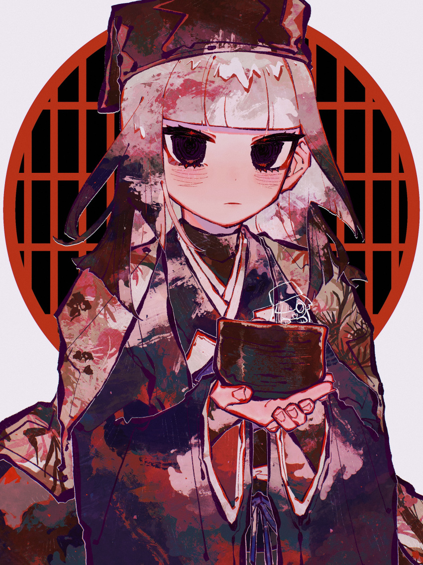 2girls absurdres black_eyes black_hair black_kimono black_undershirt blunt_bangs blush chajinbou chibi chibi_inset circle closed_mouth colorful commentary_request cowboy_shot cup expressionless fate/grand_order fate_(series) grey_hair grey_kimono hands_up haori highres holding holding_cup japanese_clothes kimono long_hair long_sleeves looking_at_viewer mini_nobu_(fate) multicolored_clothes multicolored_hair multicolored_kimono multiple_girls no_pupils obi own_hands_together red_kimono red_theme sanza_mika sash sen_no_rikyu_(fate) solo_focus white_background wide_sleeves