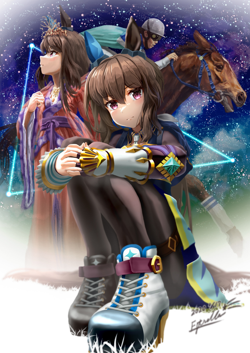 1boy 2girls absurdres admire_vega_(racehorse) admire_vega_(umamusume) altair_(star) animal_ears artist_name black_pantyhose blue_capelet bracer bridle brown_hair capelet cosplay creature_and_personification dated deneb_(star) ear_covers ear_ornament estrella_(uypu4574) gem highres holding holding_reins horse horse_ears horse_girl japanese_clothes jockey kimono looking_at_viewer looking_up multiple_girls multiple_persona name_connection orihime orihime_(cosplay) pantyhose real_life reins shoes signature single_ear_cover starry_background tail take_yutaka tanabata the_weaver_girl_and_the_cowherd tiara umamusume vega_(star) violet_eyes wide_sleeves