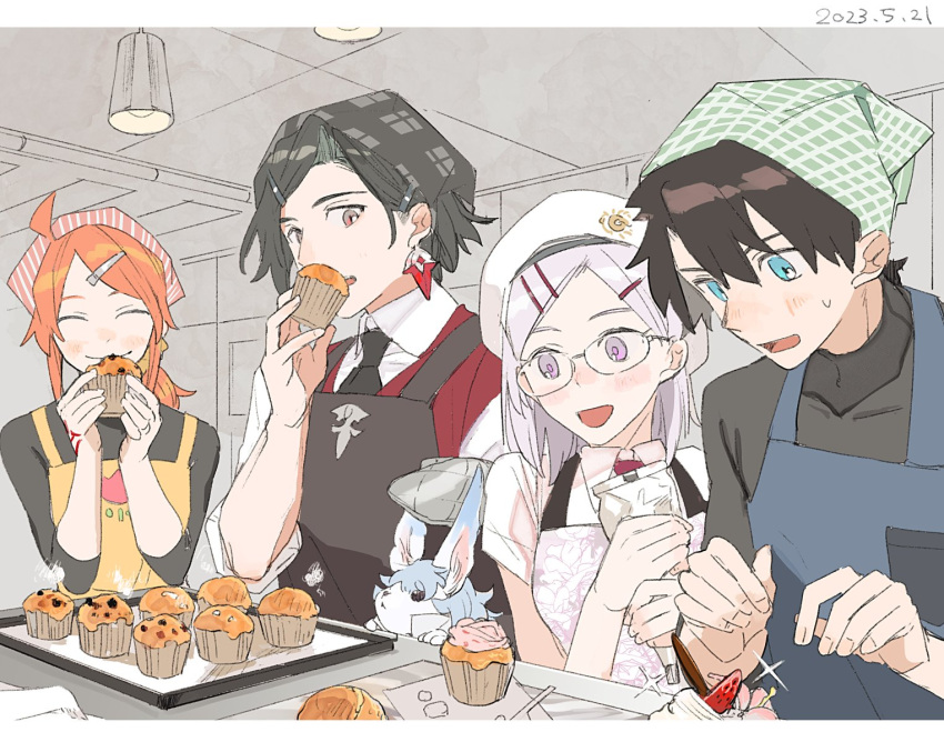 2boys 2girls :d ^_^ ahoge apron aqua_eyes baking baking_sheet black_apron black_hair black_necktie black_shirt blue_apron blush closed_eyes closed_mouth collared_shirt command_spell constantine_xi_(fate) creature cupcake earrings eating fate/grand_order fate_(series) food fou_(fate) fruit fujimaru_ritsuka_(female) fujimaru_ritsuka_(male) glasses grey_eyes hair_behind_ear hair_between_eyes hair_ornament hairclip hanging_light head_scarf highres holding holding_food jewelry kitada kitchen light_purple_hair looking_at_another looking_at_food mash_kyrielight medium_hair muffin multiple_boys multiple_girls necktie open_mouth oven_mitts parted_bangs pastry_bag pink_apron red_vest shirt short_hair short_sleeves sleeves_past_elbows smile sparkle steam strawberry sweatdrop swept_bangs table upper_body vest violet_eyes whipped_cream white_shirt yellow_apron