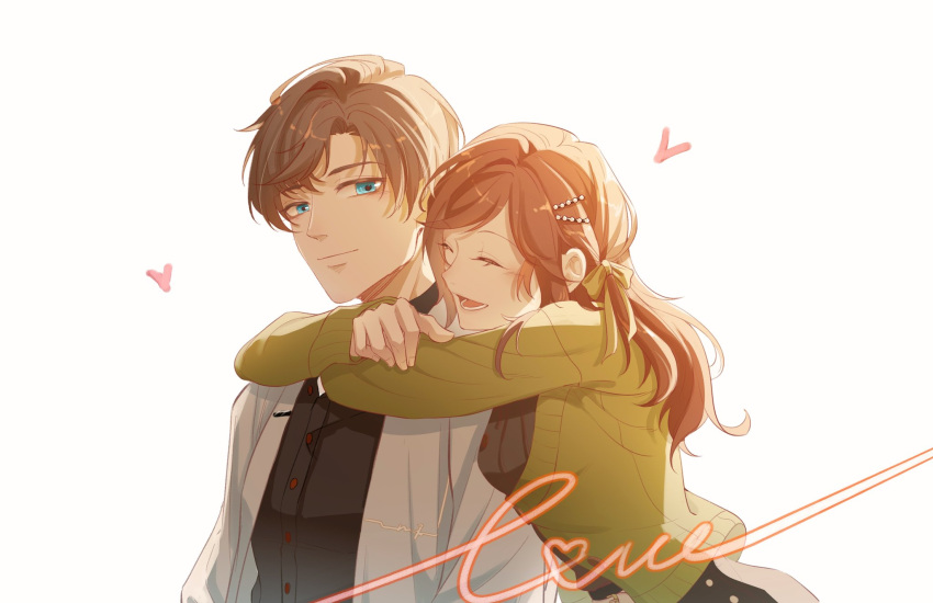 1boy 1girl artem_wing_(tears_of_themis) black_shirt black_skirt blue_eyes bow closed_mouth green_bow green_jacket hair_bow heart highres hug hug_from_behind jacket long_hair long_sleeves open_mouth rosa_(tears_of_themis) shiquan shirt short_hair simple_background skirt smile tears_of_themis white_background white_jacket