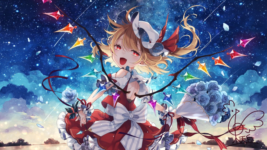 1girl blonde_hair blue_flower blush bouquet crystal fangs fingernails flandre_scarlet flower frilled_skirt frills hat holding holding_bouquet holding_flower long_hair mob_cap one_side_up open_mouth petals red_eyes red_skirt red_vest signature skirt sky smile solo star_(sky) starry_sky touhou toutenkou vest white_headwear wings wrist_cuffs