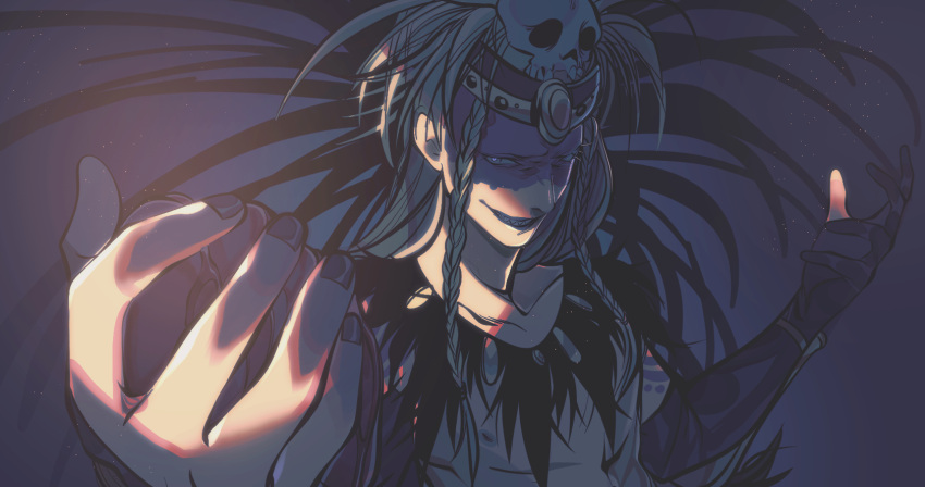 1boy arm_tattoo aztec black_nails blonde_hair blue_eyes braid collarbone evil_smile facepaint fate/grand_order fate_(series) gold_necklace hair_ornament hand_up headdress highres jewelry jonya long_hair looking_at_viewer male_focus necklace shoulder_tattoo skull skull_hair_ornament smile solo sunlight tattoo tezcatlipoca_(fate) tezcatlipoca_(third_ascension)_(fate) traditional_clothes twin_braids upper_body