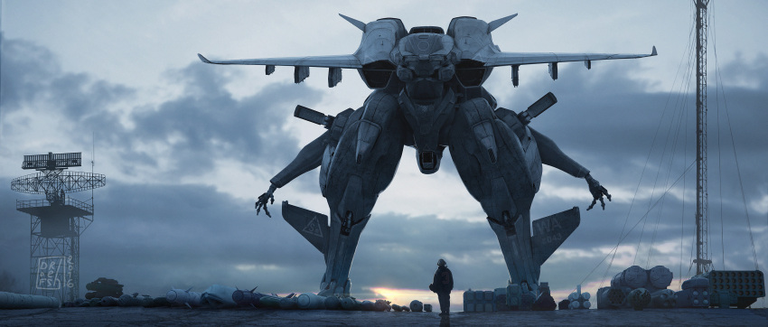 absurdres aircraft airfield airplane canards clouds dawn dofresh english_commentary gerwalk highres jet macross mecha original pilot radar_dish realistic robot science_fiction sunrise tower transformation variable_fighter