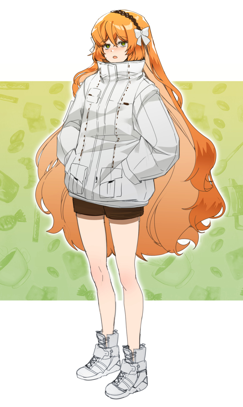 1girl absurdres blush boots bow brown_hairband brown_shorts dokgo_die_docta_(d_o_t) full_body green_eyes hair_bow hairband hands_in_pockets highres ishmael_(limbus_company) jacket limbus_company long_hair long_sleeves looking_at_viewer open_mouth orange_hair pocket project_moon shorts solo very_long_hair white_bow white_footwear white_jacket