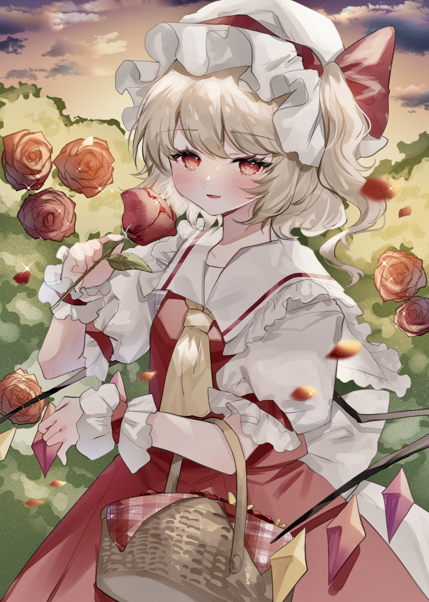 1girl absurdres ascot basket clouds cowboy_shot crystal flandre_scarlet flower hand_up hat hat_ribbon highres holding holding_flower long_hair looking_at_viewer mob_cap one_side_up open_mouth outdoors petals puffy_short_sleeves puffy_sleeves red_eyes red_flower red_ribbon red_rose red_skirt red_vest ribbon rose shirt short_sleeves skirt smile solo sorani_(kaeru0768) touhou vest white_headwear white_shirt wings wrist_cuffs yellow_ascot