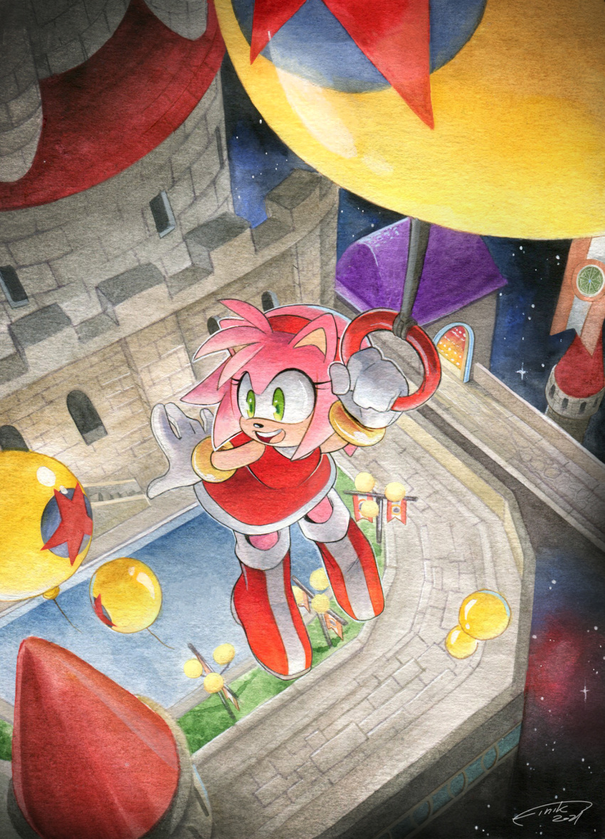 1girl amy_rose balloon boots castle dated dress finik gloves green_eyes highres holding holding_balloon open_mouth outdoors red_dress signature solo sonic_(series) sonic_adventure white_gloves