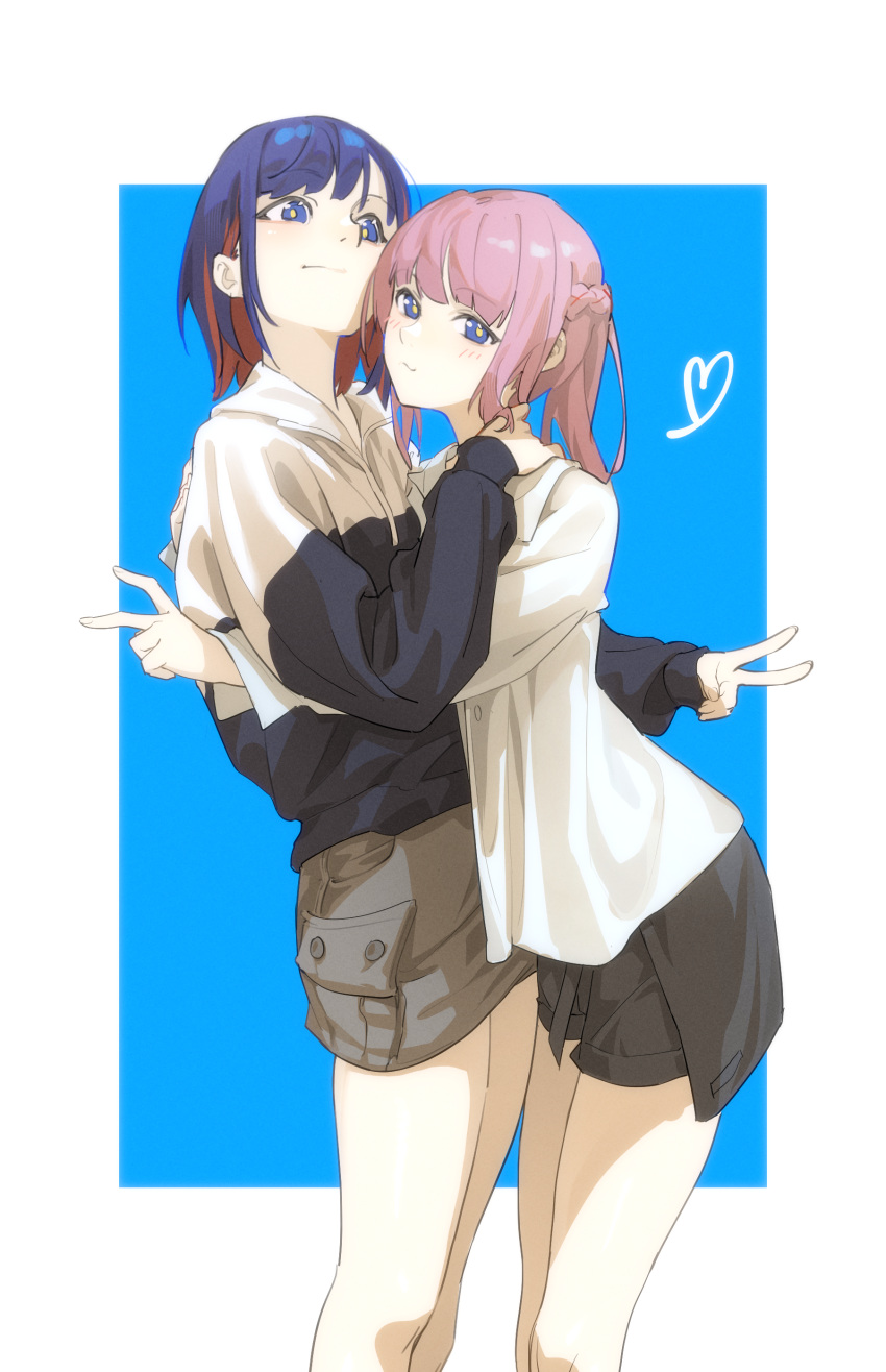 2girls absurdres bent_v black_jacket black_shorts blue_background blue_eyes blue_hair blush border brown_skirt cargo_skirt chinese_commentary closed_mouth collared_shirt colored_inner_hair commentary feet_out_of_frame half_updo heads_together heart highres hug jacket kaf_(kamitsubaki_studio) kamitsubaki_studio light_smile long_hair looking_at_viewer medium_hair multicolored_clothes multicolored_eyes multicolored_hair multicolored_jacket multiple_girls nack redhead rim_(kamitsubaki_studio) shirt shorts skirt standing two-tone_jacket v virtual_youtuber white_border white_jacket white_shirt yellow_pupils