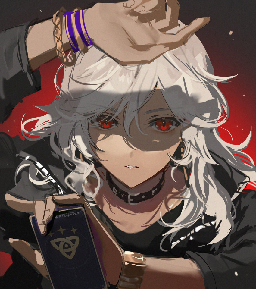 0jae 1boy arm_up bangle black_collar black_jacket black_shirt bracelet card collar cyno_(genshin_impact) dark-skinned_male dark_skin genshin_impact hair_between_eyes highres holding holding_card jacket jewelry long_hair looking_at_viewer male_focus open_clothes open_jacket parted_lips red_eyes shirt signature simple_background upper_body white_hair
