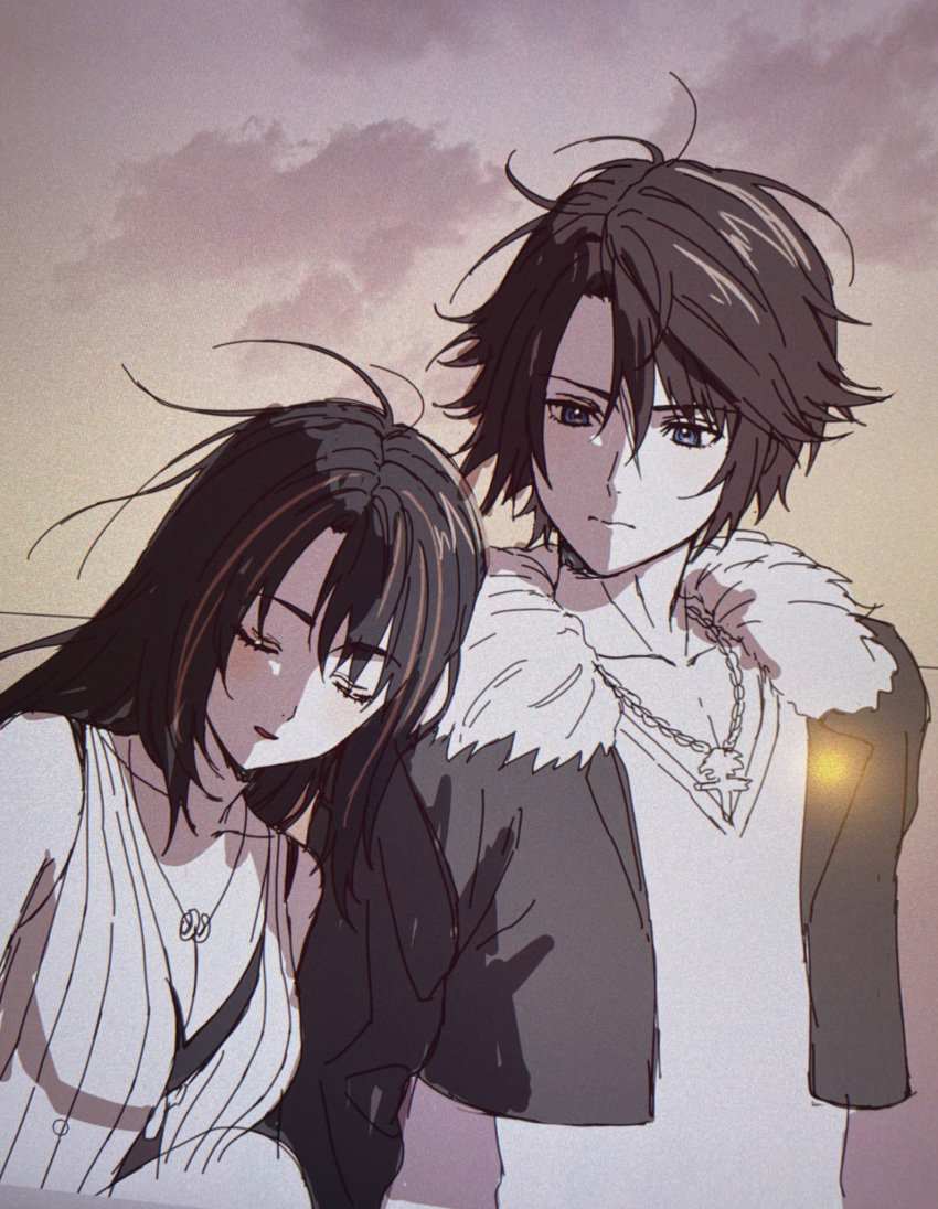 1boy 1girl 234_(1234!) black_jacket black_shirt blue_eyes brown_hair cardigan chain_necklace closed_eyes clouds cropped_jacket expressionless final_fantasy final_fantasy_viii fur-trimmed_jacket fur_trim highres jacket jewelry leaning leaning_on_person long_hair multicolored_hair necklace ring_necklace rinoa_heartilly scar scar_on_face shirt short_hair sky sleepy sleeveless sleeveless_shirt squall_leonhart streaked_hair sunset twilight v-neck white_shirt