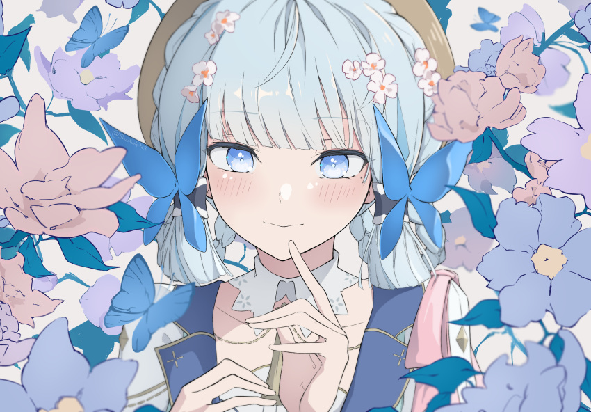 1girl blue_butterfly blue_dress blue_eyes blue_hair blunt_bangs blunt_tresses blush braided_hair_rings brown_headwear bug butterfly butterfly_hair_ornament collar collarbone collared_dress detached_collar dress floral_background flower genshin_impact hair_flower hair_ornament hands_up highres kamisato_ayaka kamisato_ayaka_(springbloom_missive) leaf light_blue_hair looking_at_viewer mole mole_under_eye neck_tassel official_alternate_costume official_alternate_hairstyle portrait shockwhite3 solo white_background white_collar