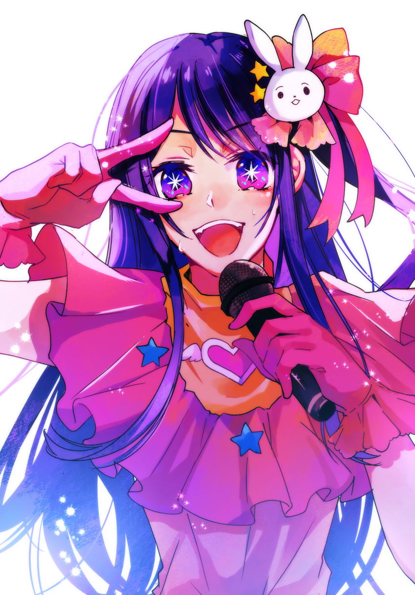 1girl :d absurdres blush brooch commentary dress frilled_dress frilled_gloves frills gloves hair_ornament hair_ribbon heart heart_brooch highres holding holding_microphone hoshino_ai_(oshi_no_ko) jewelry kayanoki_danro light_particles long_hair looking_at_viewer microphone multicolored_eyes one_side_up open_mouth oshi_no_ko parted_bangs pink_dress pink_eyes pink_gloves pink_ribbon rabbit_hair_ornament ribbon shadow sidelocks simple_background smile solo sparkle star-shaped_pupils star_(symbol) star_hair_ornament sweat swept_bangs symbol-shaped_pupils teeth turtleneck_dress upper_body upper_teeth_only v v_over_eye violet_eyes white_background