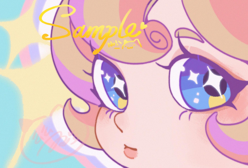 1girl aqua_background artist_name blonde_hair blue_eyes close-up closed_mouth curly_hair highres hua_hua_de_meme looking_at_viewer looking_to_the_side original pink_lips portrait sample_watermark short_eyebrows solo sparkle sparkling_eyes