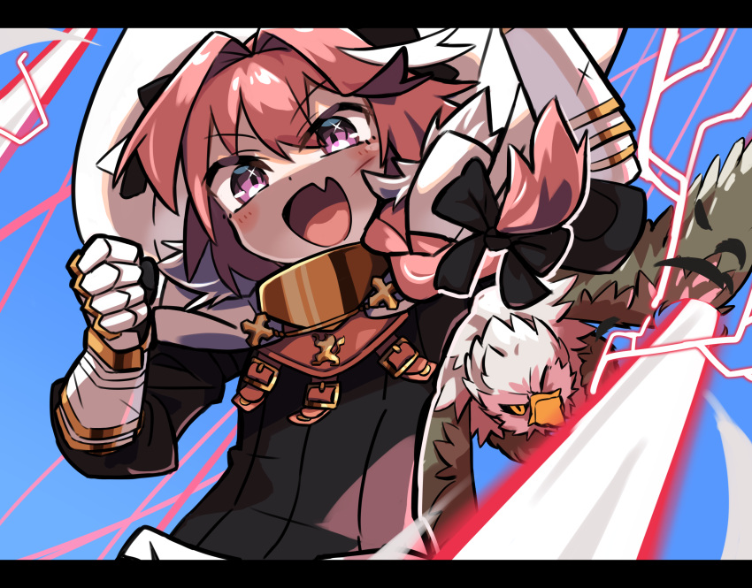 1boy absurdres astolfo_(fate) black_bow blush bow braid fang fate/apocrypha fate_(series) gauntlets griffin highres letterboxed long_hair magic male_focus marlowe otoko_no_ko pink_eyes pink_hair single_braid skin_fang upper_body