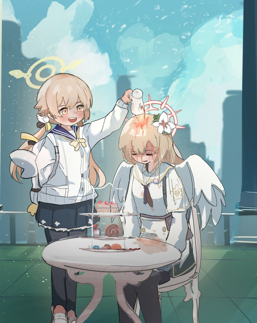 2girls absurdres black_neckerchief black_pantyhose blonde_hair blue_archive blue_sailor_collar blue_skirt blush bow bowtie cake cardigan closed_eyes closed_mouth commentary english_commentary feathered_wings flower food hair_flower hair_ornament halo hifumi_(blue_archive) highres long_hair long_sleeves miniskirt multiple_girls nagisa_(blue_archive) neckerchief open_mouth pantyhose pleated_skirt pouring pouring_onto_another red_halo sailor_collar shinev_tan sitting skirt standing tea teeth twintails upper_teeth_only white_cardigan white_flower white_sailor_collar white_wings wings yellow_bow yellow_bowtie yellow_eyes yellow_halo