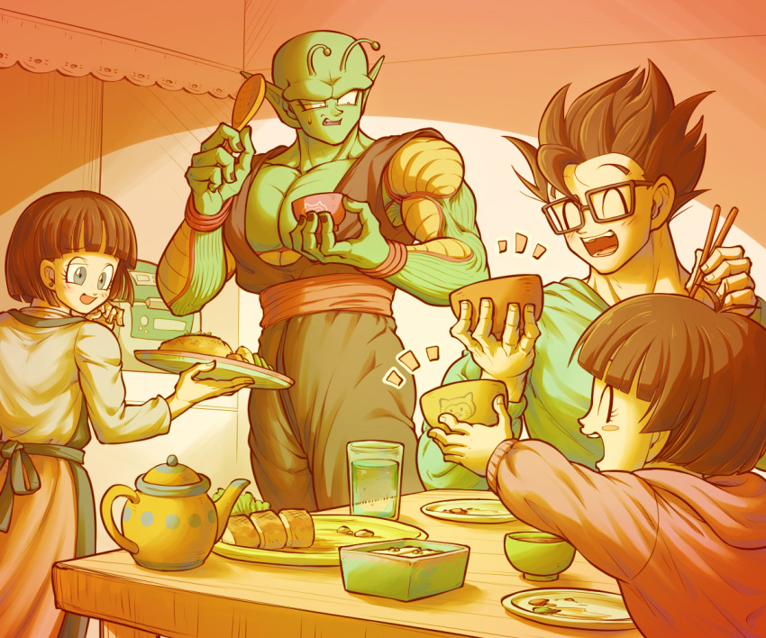 2boys 2girls :d ^_^ antennae apron arm_up biceps black-framed_eyewear black_hair blue_apron blue_eyes blunt_bangs blush bowl chopsticks closed_eyes colored_skin commentary_request cup dougi dragon_ball dragon_ball_super earrings eyelashes family fang father_and_daughter food glasses green_shirt green_skin hands_up holding holding_bowl holding_chopsticks holding_spoon holding_tray hood hood_down hoodie husband_and_wife indoors jewelry koukyouji large_pectorals lettuce long_sleeves looking_at_another meat mother_and_daughter multiple_boys multiple_girls namekian notice_lines open_mouth pan_(dragon_ball) pectorals piccolo plate pointy_ears profile rectangular_eyewear red_hoodie red_sash round_teeth sash shirt short_hair sitting smile son_gohan spiky_hair spoon stud_earrings sweatdrop table teapot teeth tongue tray upper_teeth_only v-shaped_eyebrows videl water white_shirt wooden_spoon