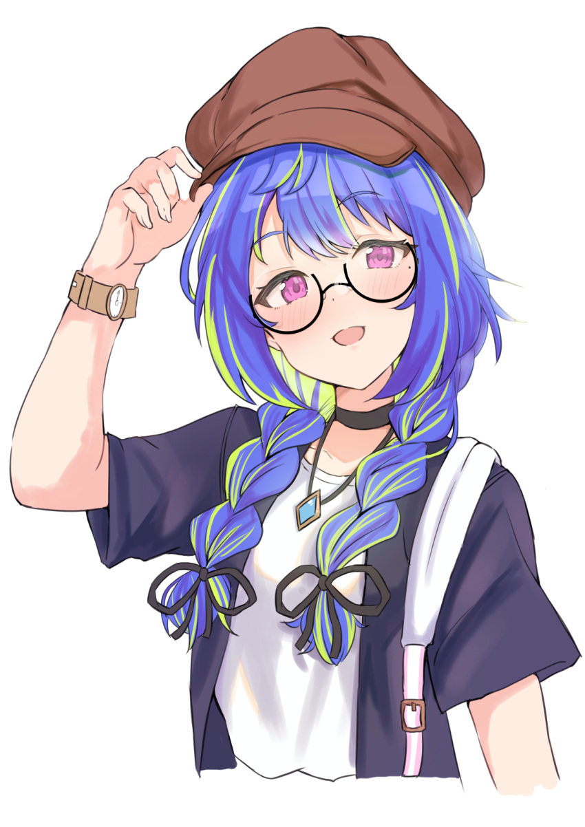 1girl alternate_costume bespectacled black-framed_eyewear black_ribbon black_shirt blue_hair blush braid breasts brown_headwear cabbie_hat commentary_request contemporary fingernails glasses green_hair hair_over_shoulder hair_ribbon hat highres hiyoku_no_crosspiece jewelry kaito_(kaito921125) long_hair looking_at_viewer medium_bangs mole mole_under_eye multicolored_hair nanashi_inc. necklace open_clothes open_mouth open_shirt pink_eyes ribbon round_eyewear semi-rimless_eyewear shirt simple_background small_breasts smile solo suzumi_nemo twin_braids twintails two-tone_hair under-rim_eyewear undershirt upper_body virtual_youtuber watch watch white_background white_shirt