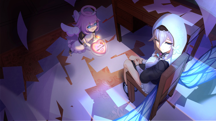 2girls :d absurdres aponia_(honkai_impact) birthday_cake black_dress blue_eyes brown_hair cake candle closed_mouth czk desk dress elf_elysia floating food from_above full_body gloves half-closed_eyes happy_birthday highres honkai_(series) honkai_impact_3rd indoors long_sleeves looking_at_viewer multiple_girls nun open_mouth paper pink_hair sitting smile veil white_dress white_gloves